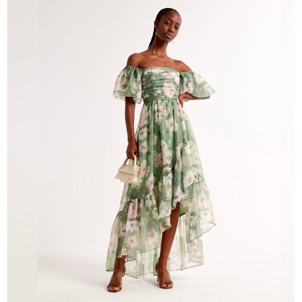 Abercrombie & Fitch Emerson Floral Puff Sleeve High Low Midi Dress Green XSP